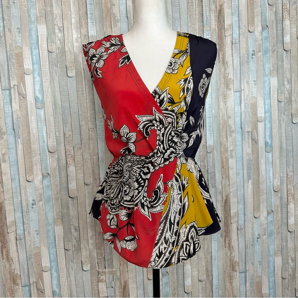 Anthropologie XS Baraschi Floral V Neck Anila Peplum Blouse Tank Top Faux Wrap